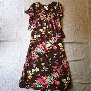 R&K Floral Maxi Dress Women's Size 12 Brown Lined Asymmetrical Attached Overlay